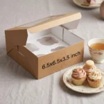 brown kraft paper cup cake box with an inside white 4-slot holder insert and clear viewing window, sized 6.5x6.5x3.5 inches.