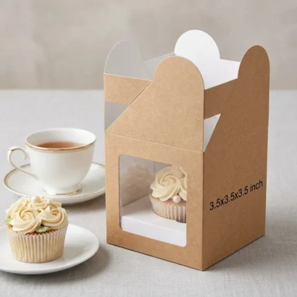 single brown kraft paper cup cake box with an inside white holder insert and clear viewing window, sized 3.5x3.5x3.5 inches.