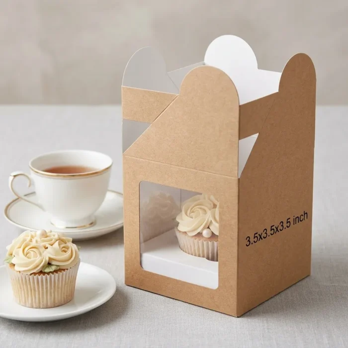 single brown kraft paper cup cake box with an inside white holder insert and clear viewing window, sized 3.5x3.5x3.5 inches.