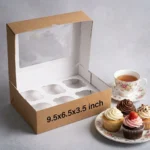 brown kraft paper cup cake box with an inside white 6-slot holder insert and clear viewing window, sized 9.5x6.5x3.5 inches.