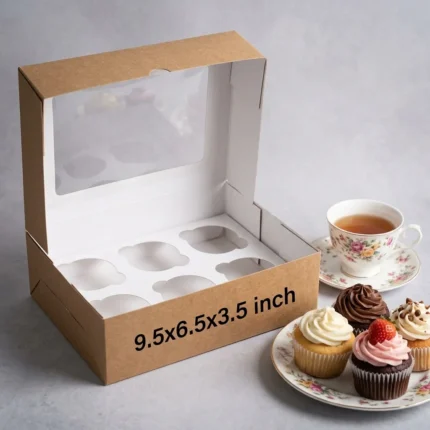 brown kraft paper cup cake box with an inside white 6-slot holder insert and clear viewing window, sized 9.5x6.5x3.5 inches.
