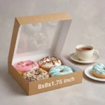 kraft paperboard donut box with a white interior and a clear top window, sized 8x8x1.75 inches