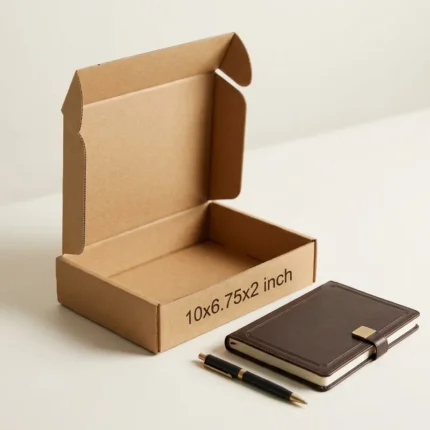 ALT Text: An open kraft brown 3 ply corrugated box displaying dimensions 10x6.75x2 inch