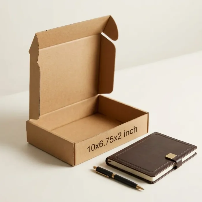 premium-3-ply-corrugated-box-10x6.75x2-inch ALT Text: An open kraft brown 3 ply corrugated box displaying dimensions 10x6.75x2 inch