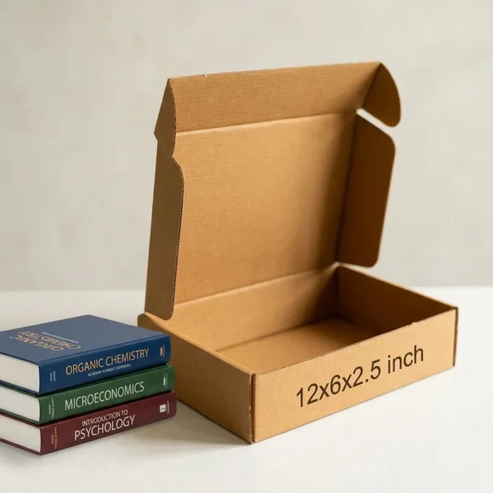 premium-3-ply-corrugated-box-12x6x2.5 An open kraft brown 3 ply corrugated box displaying dimensions 12x6x2.5 inch