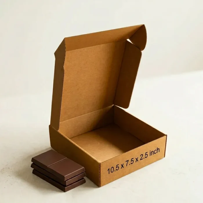 An open kraft brown 3 ply corrugated box displaying dimensions 10.5x7.5x2.5 inch