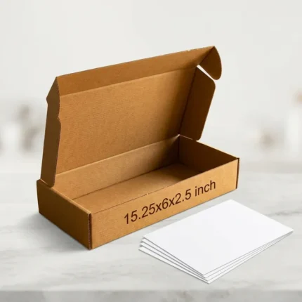 An open kraft brown 3 ply corrugated box displaying dimensions 15.25x6x2.5 inch