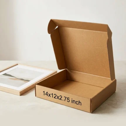 An open kraft brown 3 ply corrugated box displaying dimensions 14x12x2.75 inch