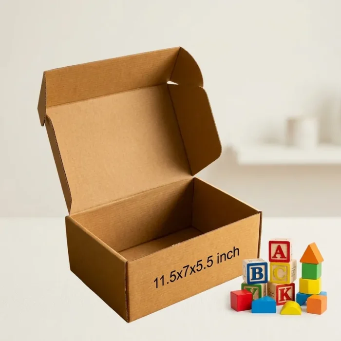 premium-3-ply-corrugated-box-11-5x7x5-5 An open kraft brown 3 ply corrugated box displaying dimensions 11.5x7x5.5 inch