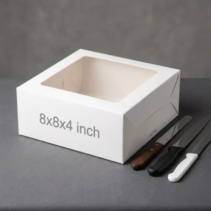 8x8x4 white cake box with transparent window made of premium 350gsm ivory board