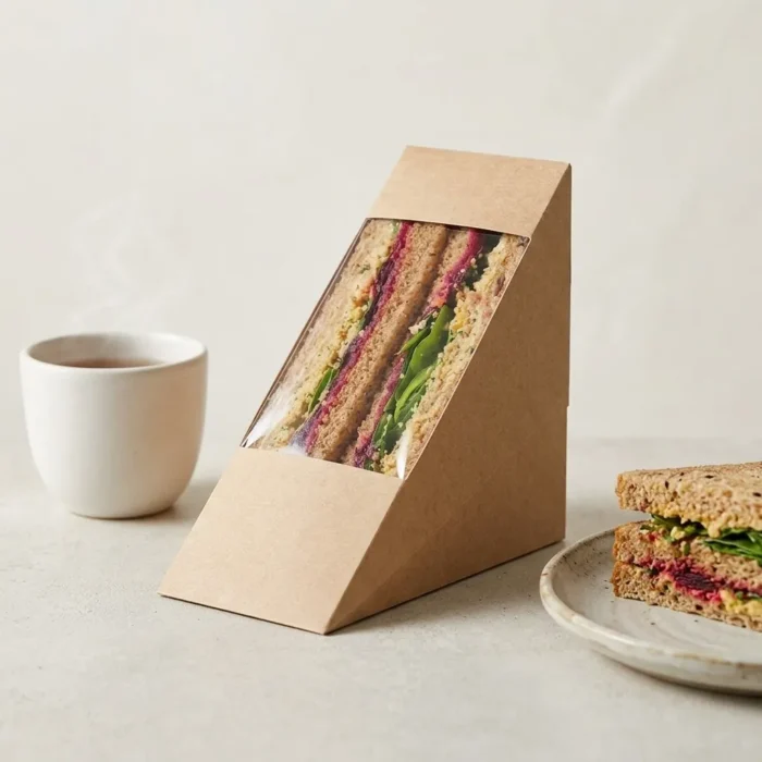 triangular brown kraft paper sandwich box wedge with a clear viewing window