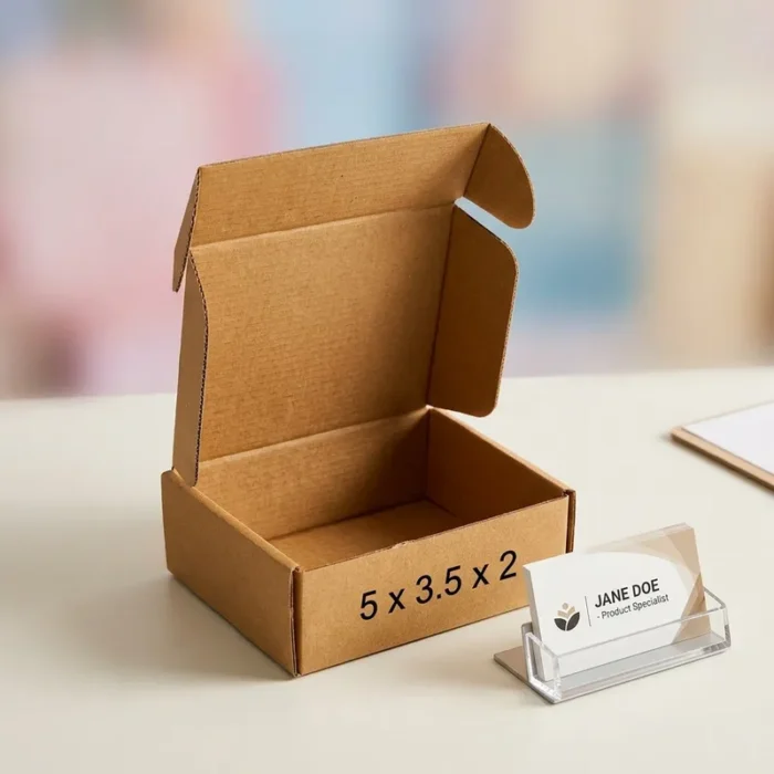 An open kraft brown 3 ply small corrugated box with dimensions 5x3.5x2 inch