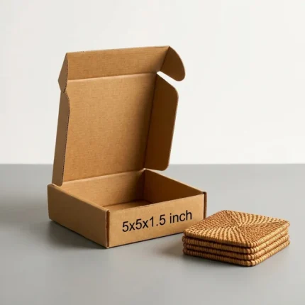 A durable brown fold-and-tuck style corrugated box for mailing, with dimensions 5x5x1.5 inches
