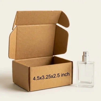 An open kraft brown 3 ply small corrugated box with dimensions 4.5x3.25x2.5