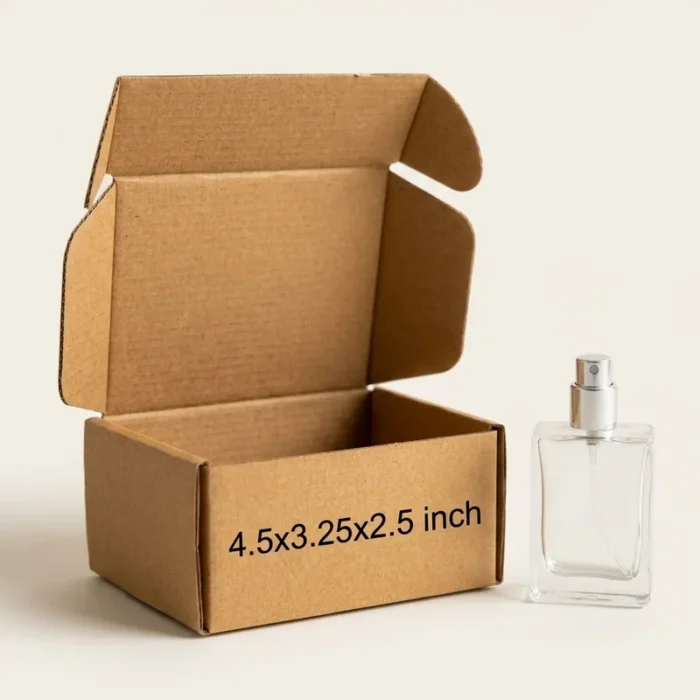 An open kraft brown 3 ply small corrugated box with dimensions 4.5x3.25x2.5