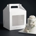 14x14x14 inch white cake box with top handle and transparent front viewing window
