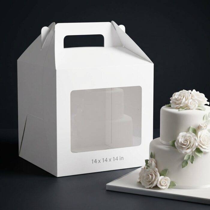 14x14x14 inch white cake box with top handle and transparent front viewing window
