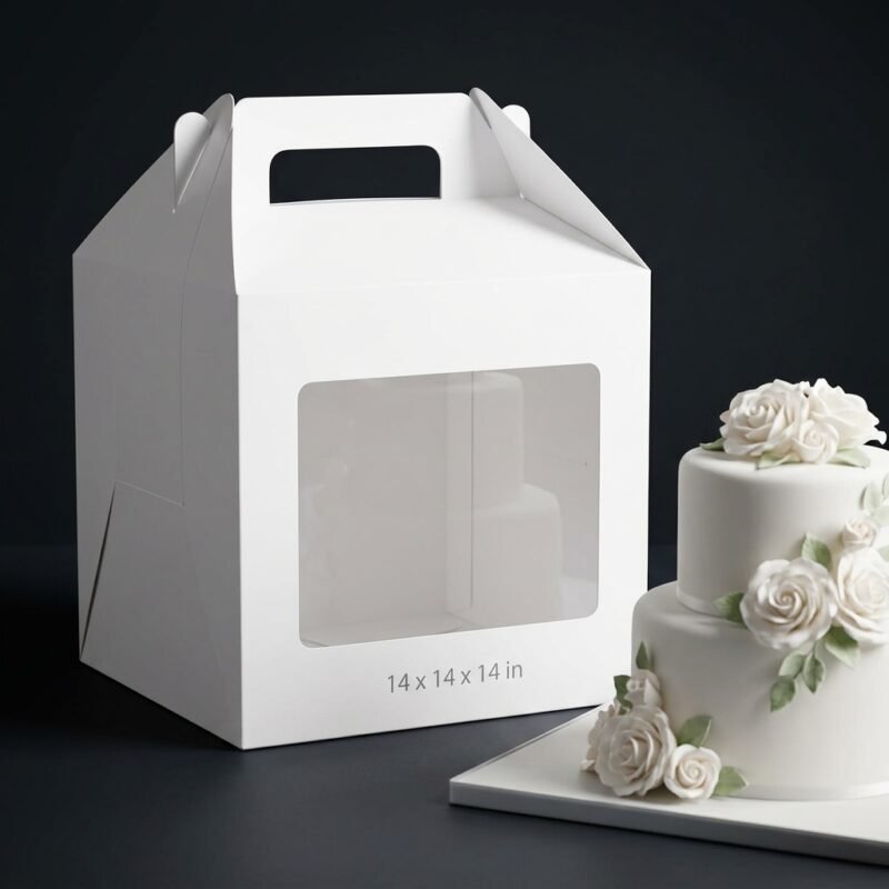 14x14x14 inch white cake box with top handle and transparent front viewing window