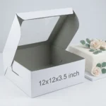 350gsm white cardboard cake box with a clear window on the lid, sized 12x12x3.5 inches