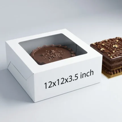 350gsm white cardboard cake box with a clear window on the lid, sized 12x12x3.5 inches