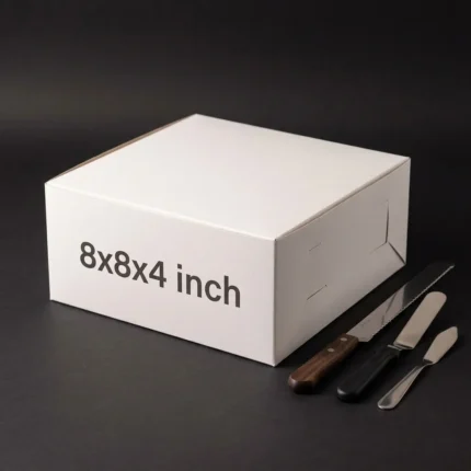 Modern 8x8x4 inch white cake box made of heavy duty 350gsm ivory board