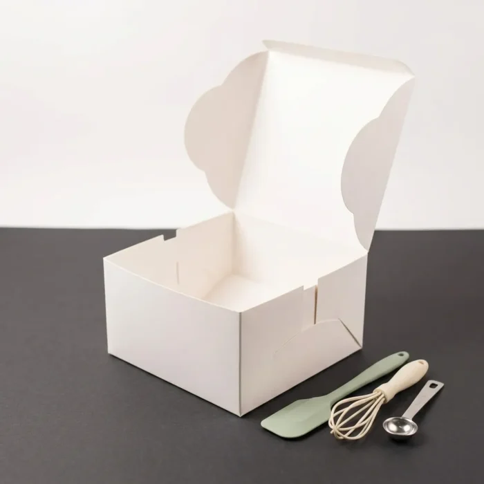 Deep 8x8x6 inch white cake box made of thick 350gsm ivory board
