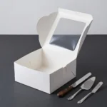 8x8x4 white cake box with transparent window made of premium 350gsm ivory board for professional bakeries