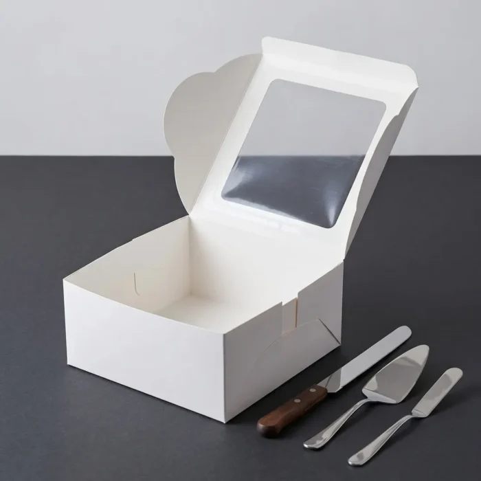 8x8x4 white cake box with transparent window made of premium 350gsm ivory board for professional bakeries