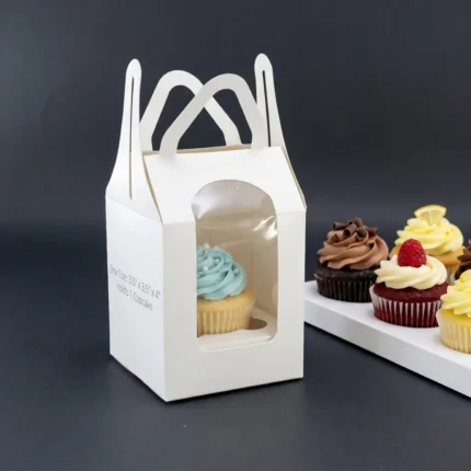 Single white cupcake box featuring an arched front window, internal insert tray, and built-in interlocking top handle