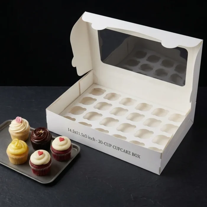 premium-12-cupcake-window-box-14-5x11-5x3-inch Premium white 20-cupcake box with an oversized clear window and custom internal tray
