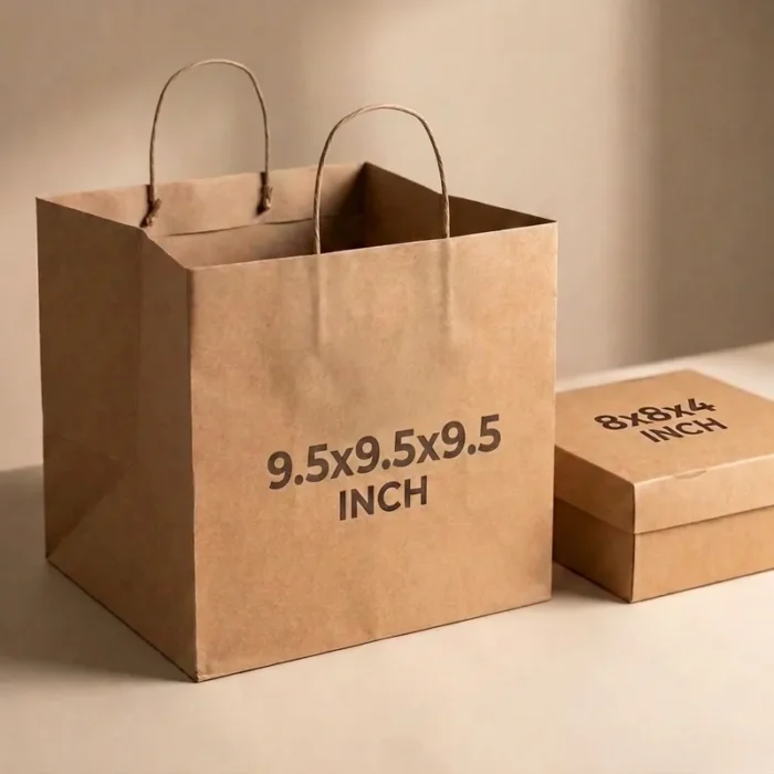 Kraft paper cake bag measuring 9.5x9.5x9.5 inches with twisted handles alongside an 8x8x4 inch cake box