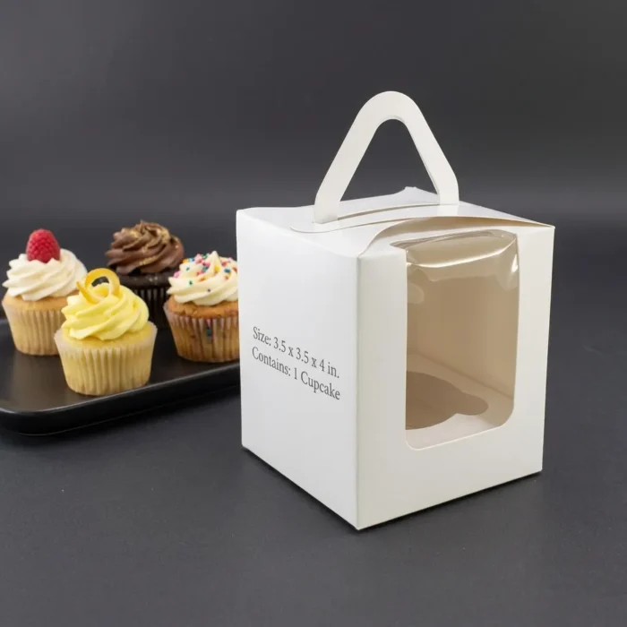 premium-single-cupcake-box-with-handle-3-5x3-5x4-inch Single white cupcake box featuring an arched front window, internal insert tray, and built-in interlocking top handle