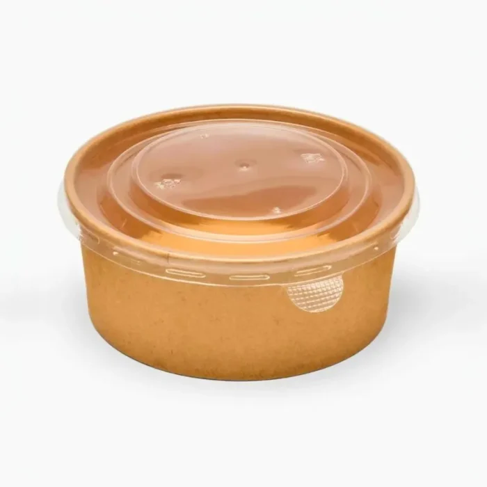 1300ml extra large round Kraft paper container with transparent plastic lid attached
