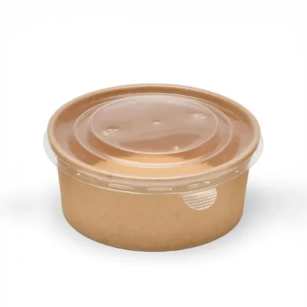 round Kraft paper container with transparent plastic lid attached