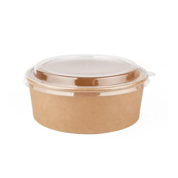Large 1000ml round Kraft paper container with tight-fitting clear plastic lid attached
