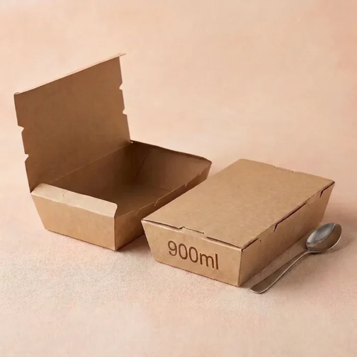 900ml Compostable Kraft Paper Lunch Box Takeaway Container 900ml Kraft paper lunch box container in open and closed views