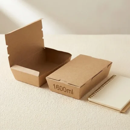 1600ml extra large Kraft paper lunch box shown in open and closed views