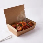 brown Kraft paper lunch box showing open and closed options with tab lid lock