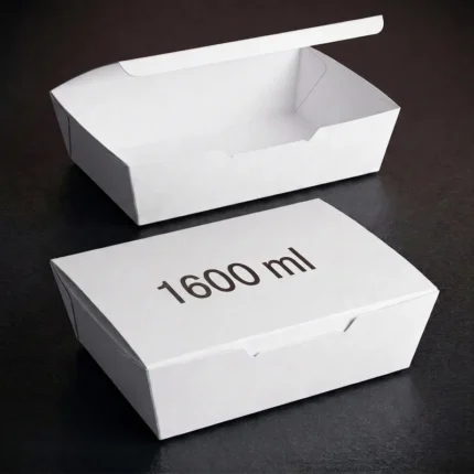 1600ml extra large white paper lunch box container in open and closed views