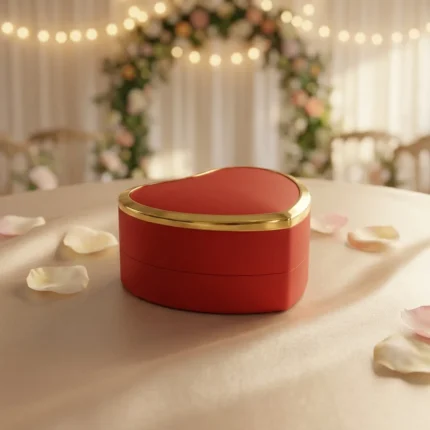 Premium red heart-shaped ring box with integrated LED spotlight illuminating an engagement ring on a velvet fabric background