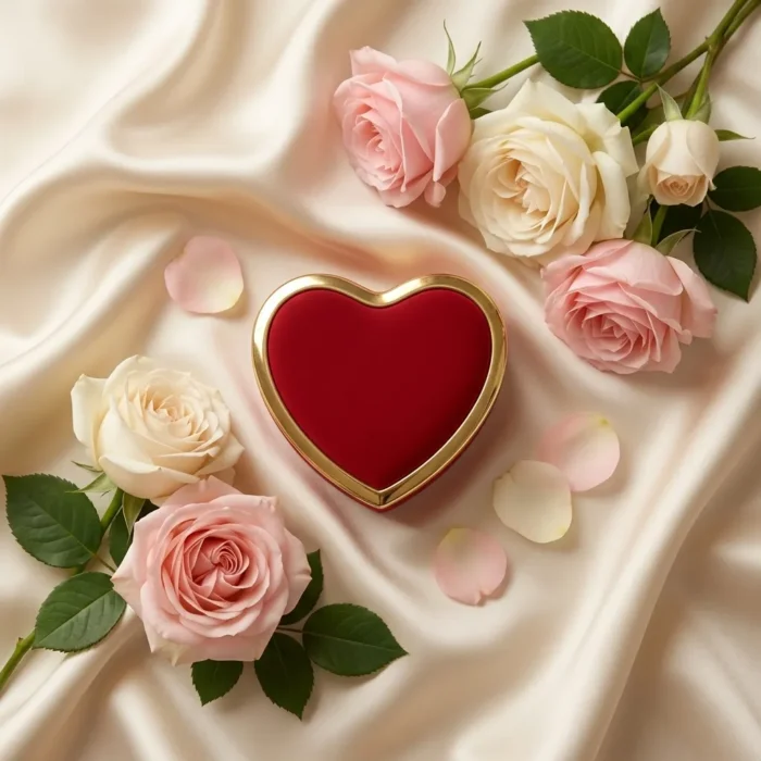 Premium red heart-shaped ring box with integrated LED spotlight illuminating an engagement ring on a velvet fabric background