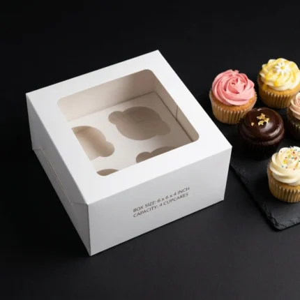 Premium white 4-cupcake box with clear top window and custom insert tray showing a 6x6x4 inch size