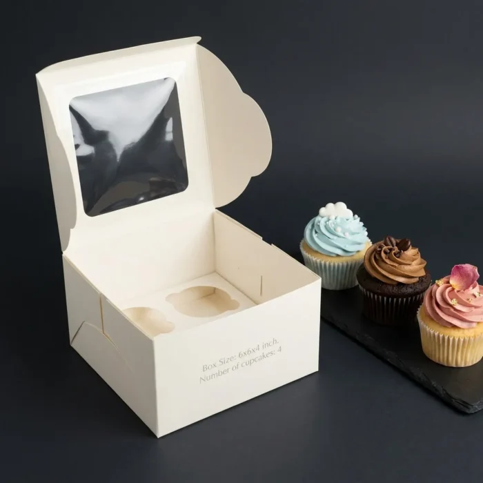 Premium white 4-cupcake box with clear top window and custom insert tray showing a 6x6x4 inch size