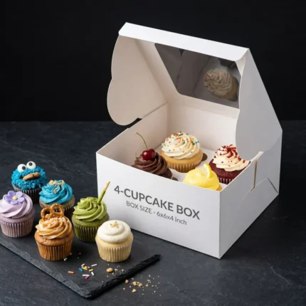 Premium white 4-cupcake box with clear top window and custom insert tray showing a 6x6x4 inch size