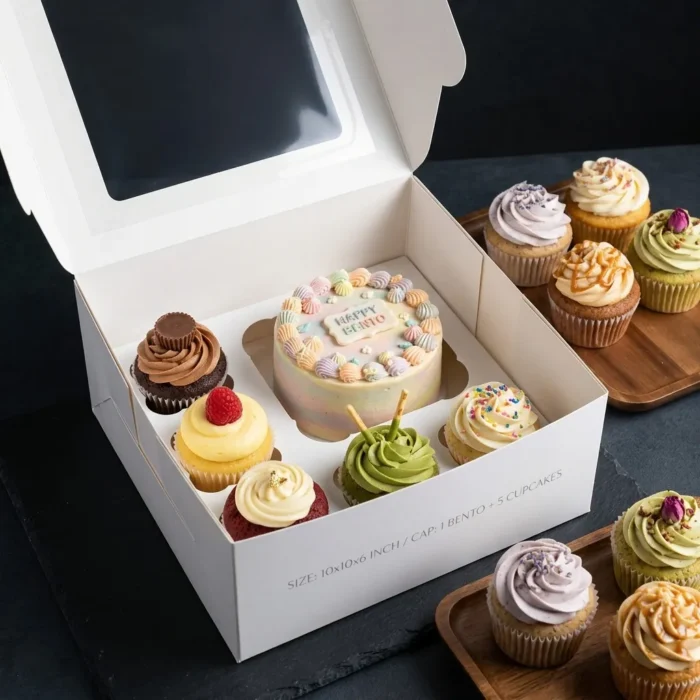 Premium open white multi-use cupcake box configured for 1 bento cake and 5 cupcakes via the perforated insert tray showing 10x10x6 inch size dimensions