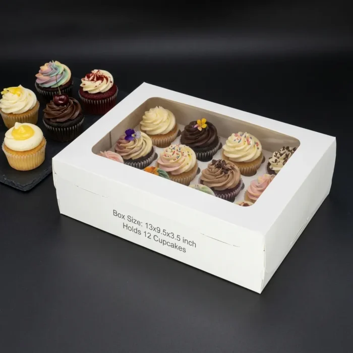 Premium white 12-cupcake box with an oversized clear window and custom internal tray showing 13x9.5x3.5 inch size dimensions