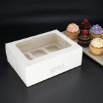 Open premium white 6-cupcake box showing custom insert tray and clear top lid window