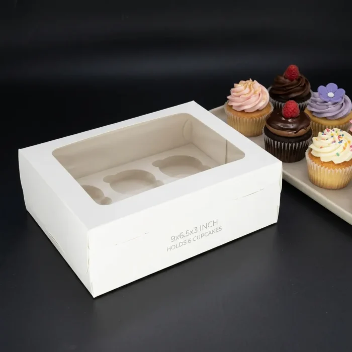 premium-6-cupcake-window-box-9x6-5x3-inch Open premium white 6-cupcake box showing custom insert tray and clear top lid window