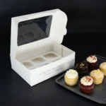 Open premium white 6-cupcake box showing custom insert tray and clear top lid window