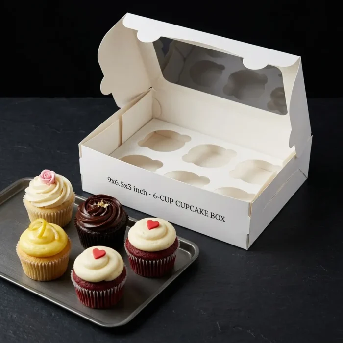 Open premium white 6-cupcake box showing custom insert tray and clear top lid window